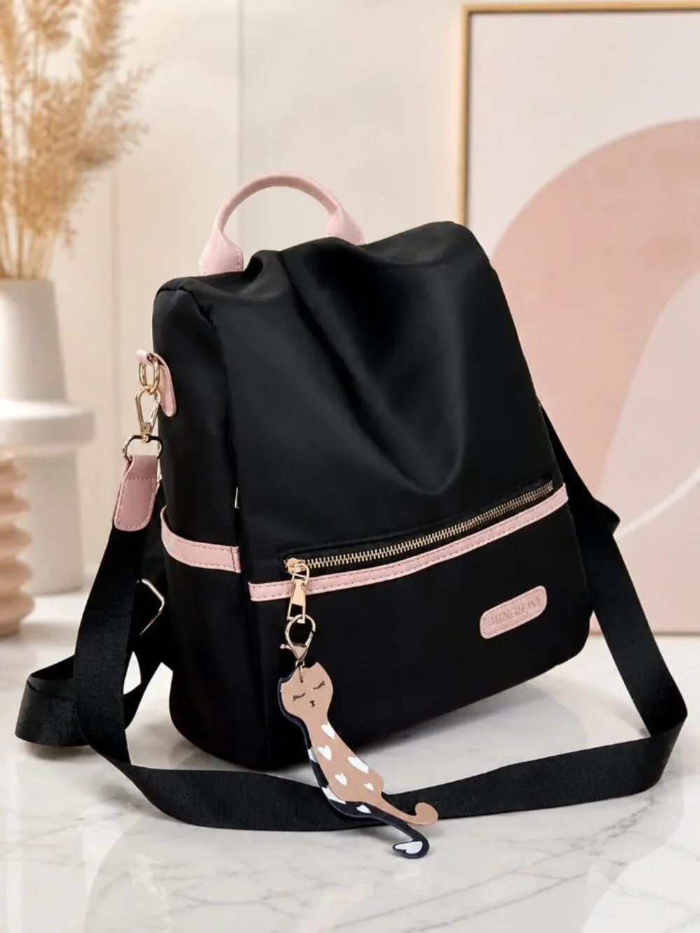 Anti-Theft Convertible Oxford Nylon Backpack Black Pink Cat Charm 3-Way Carry